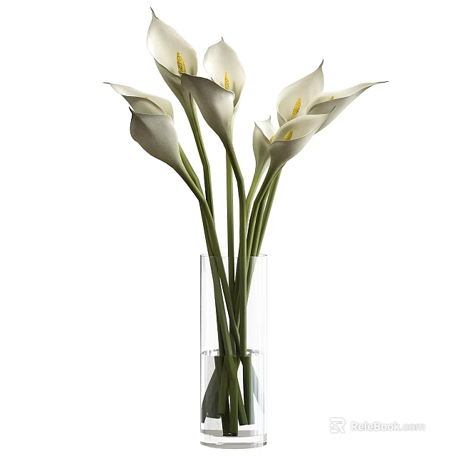 White Calla Lilies Arranged in Transparent Glass Vase with Green Stems 3d model 