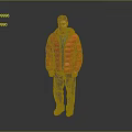 Man wearing red puffer jacket blue shirt gray pants and gray shoes against gray background
