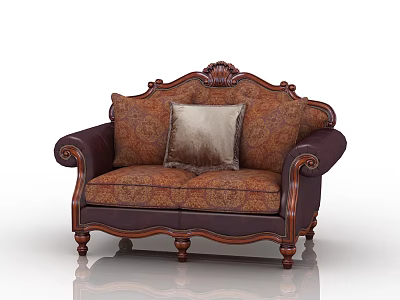 Classic Double Sofa With Carved Wooden Frame And Patterned Fabric Upholstery 3d model