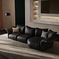Black Leather Sectional Sofa In Modern Interior With Pillows Floor Lamp And Soft Rug