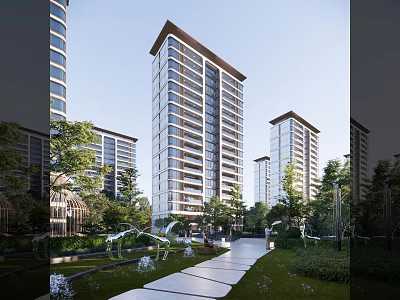 Modern High Rise Residential Buildings With Lush Greenery Lawn And Pathway 3d model