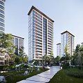 Modern High Rise Residential Buildings With Lush Greenery Lawn And Pathway