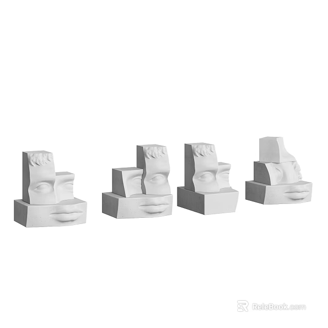 White Ceramic Vessels With Abstract Face Design And Geometric Stacked Sculptural Shapes 3d model 