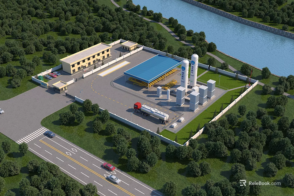 Industrial Plant with Blue Roof White Storage Tanks and Truck in Forested River Area 3d model 