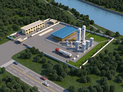 Industrial Plant with Blue Roof White Storage Tanks and Truck in Forested River Area 3d model