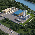 Industrial Plant with Blue Roof White Storage Tanks and Truck in Forested River Area