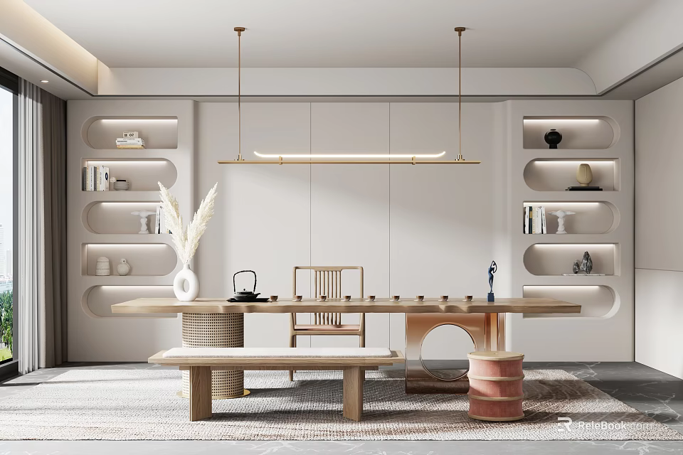 Minimalist Tea Room Interior With Long Wooden Table Chairs Bench And Wall Shelves 3d model 