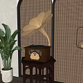 Vintage Gramophone With Decorative Horn Wooden Base By Potted Plant And Woven Wall