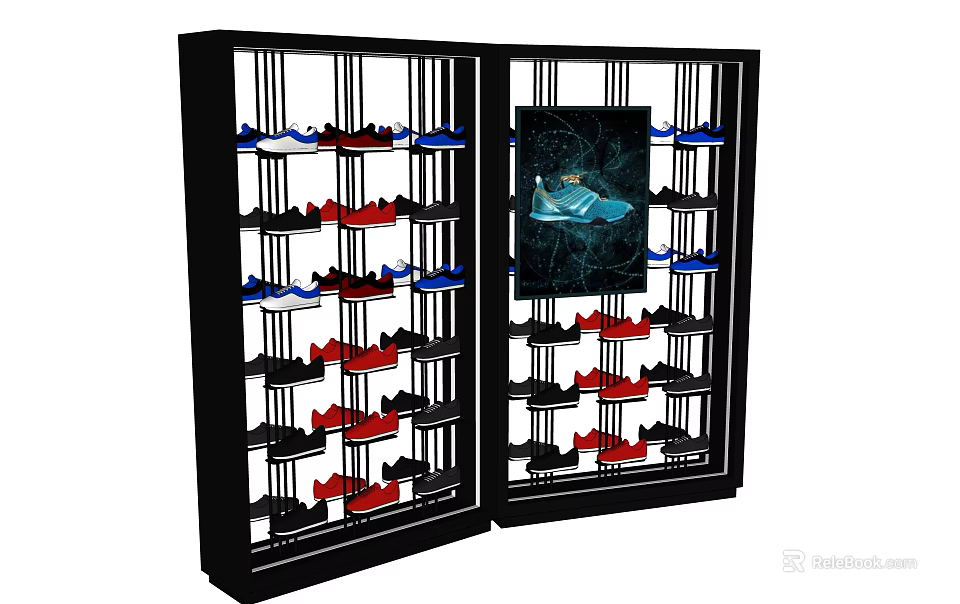 Retail Display Shelves with Multiple Layers Holding Various Colored Shoes and Central Poster 3d model 