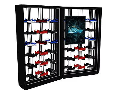 Retail Display Shelves with Multiple Layers Holding Various Colored Shoes and Central Poster 3d model