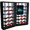 Retail Display Shelves with Multiple Layers Holding Various Colored Shoes and Central Poster