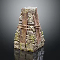 Artisan Crafted Rustic Wooden And Mossy Stone Stacked Decorative Structure With Natural Texture