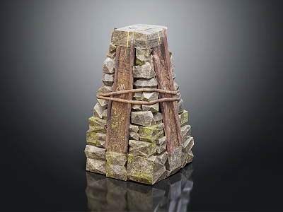 Artisan Crafted Rustic Wooden And Mossy Stone Stacked Decorative Structure With Natural Texture 3d model