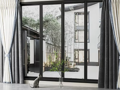 Floor-to-Ceiling Windows With Gray White Curtains Outdoor Bamboo Indoor Vase Green Plant And Cat Ornament 3d model