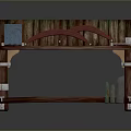 Wooden Gate Design With Red Curved Accents Silver Metal Brackets And Small Green White Items
