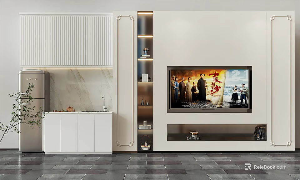Modern Minimalist TV Wall Design With White Storage Cabinets And Built-in TV 3d model 