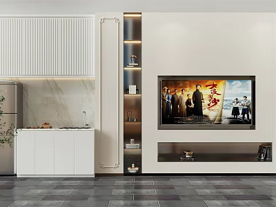 Modern Minimalist TV Wall Design With White Storage Cabinets And Built-in TV 3d model