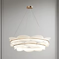 Elegant Multi Layered Chandelier Featuring Petal Shaped White Shades and Golden Frame