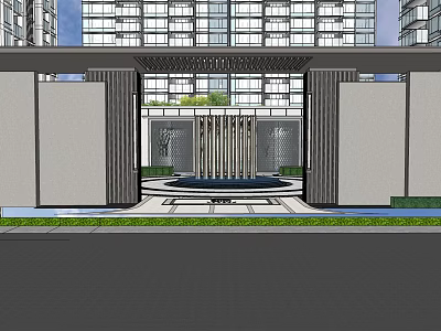 Residential Landscape Entrance With Modern High Rise Buildings And Water Feature 3d model