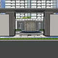 Residential Landscape Entrance With Modern High Rise Buildings And Water Feature