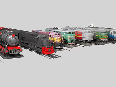 Vintage And Modern Model Trains In Red Green Pink And Blue Colors On Tracks 3d model
