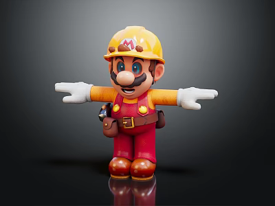 Cartoon Character as Construction Worker with Yellow Hard Hat Red Overalls Open Arms Pose 3d model