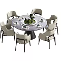 Modern Round Dining Table Set With Six Chairs And Tabletop Decorations 3d model