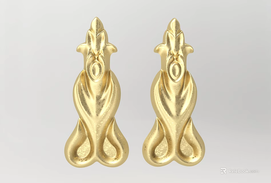 Elegant Gold Carved Ornaments with Intricate Patterns and Symmetric Design 3d model 