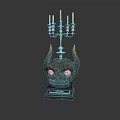 Ornate Horned Sculpture With Candelabra Red Eyes And Five Candles