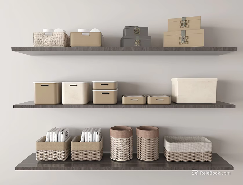 Storage Baskets With Woven Fabric Designs In Neutral Tones On Multi Layer Shelves 3d model