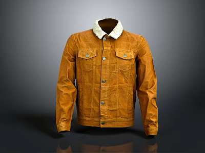 Stylish Brown Jacket With White Fur Collar Corduroy Fabric And Front Pockets 3d model