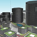 Modern High Rise Office Buildings With Green Roofs And Circular Urban Layout And Surrounding Greenery