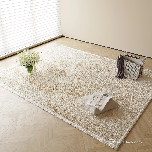 Beige Textured Square Rug with White Flower Vase and Magazine Basket on Wooden Floor 3d model 