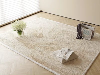 Beige Textured Square Rug with White Flower Vase and Magazine Basket on Wooden Floor 3d model