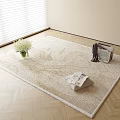 Beige Textured Square Rug with White Flower Vase and Magazine Basket on Wooden Floor