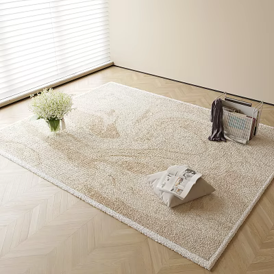 Beige Textured Square Rug with White Flower Vase and Magazine Basket on Wooden Floor 3d model