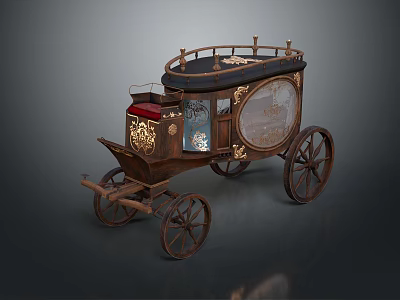 Vintage Wooden Carriage With Decorative Golden Patterns Black Roof And Red Seats 3d model