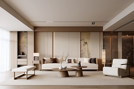 New Chinese Style Song Style Living Room New Chinese Style Living Room Sofa Coffee Table Combination No Main Lamp Living Room Solid Wood Sofa New Chinese Style Landscape Background Wall Partition Landscaping 3d model