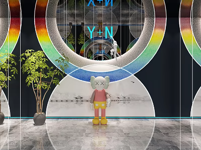 Modern Art Style Background Wall Featuring Rainbow Rings Letter Decorations Green Plant And Figurine 3d model