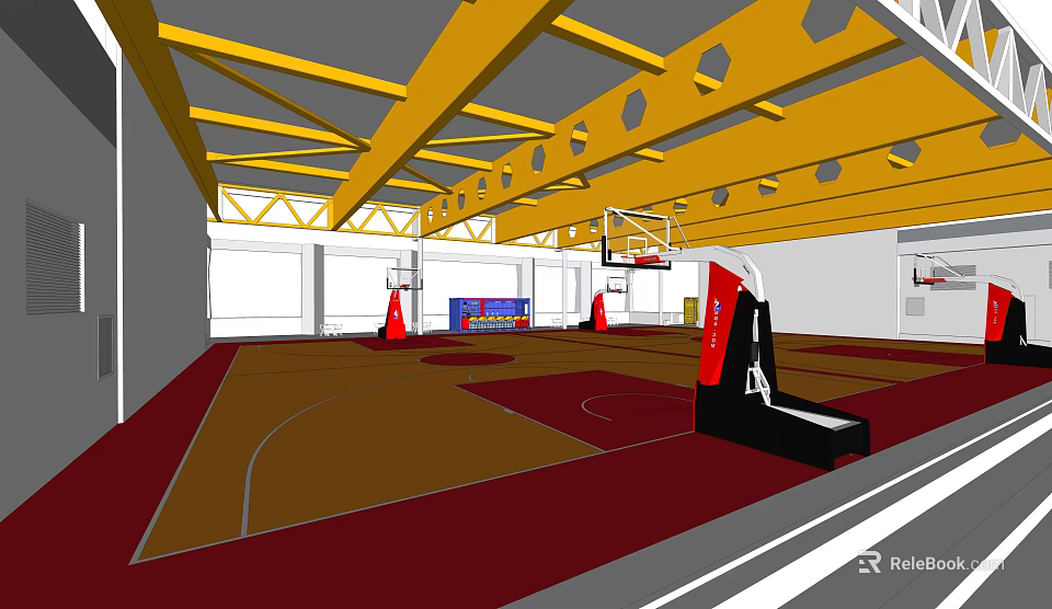 Modern Indoor Basketball Court With Yellow Beams And Fitness Training Area 3d model 
