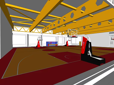 Modern Indoor Basketball Court With Yellow Beams And Fitness Training Area 3d model
