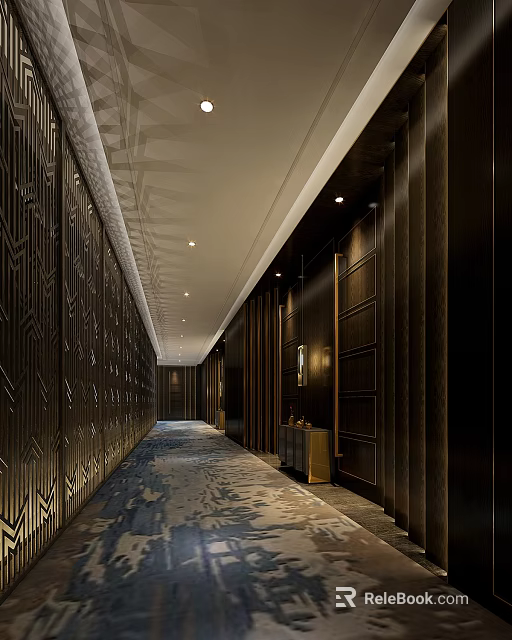 Elevator Hallway Design With Dark Geometric Patterned Walls Recessed Ceiling Lights And Patterned Carpet 3d model 