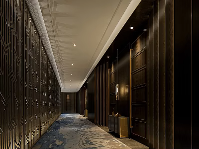 Elevator Hallway Design With Dark Geometric Patterned Walls Recessed Ceiling Lights And Patterned Carpet 3d model