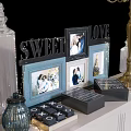 Decorative Ornament Set with Brass Candelabra Photo Frames LOVE SWEET Decor on White Cabinet