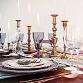 Rustic Wooden Dining Table And Chairs Set With Candles Wine Glasses And Table Runner