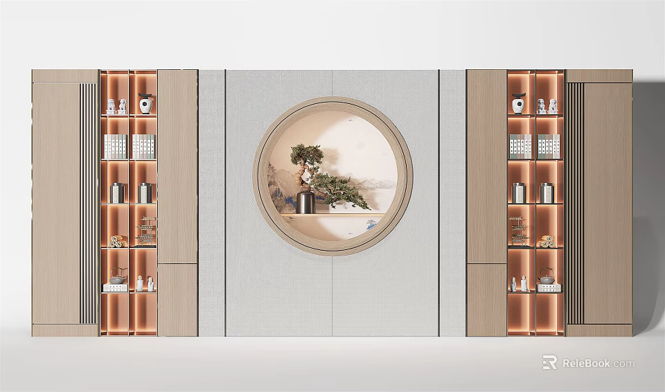 Elegant Decorative Cabinets With Circular Mirror Plants And Built In Lighting 3d model
