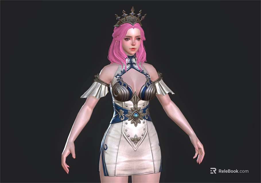 Woman with pink hair wearing crown and blue white dress featuring winged shoulders and gemstone 3d model 