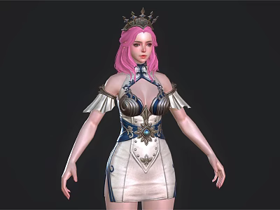 Woman with pink hair wearing crown and blue white dress featuring winged shoulders and gemstone 3d model
