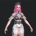 Woman with pink hair wearing crown and blue white dress featuring winged shoulders and gemstone