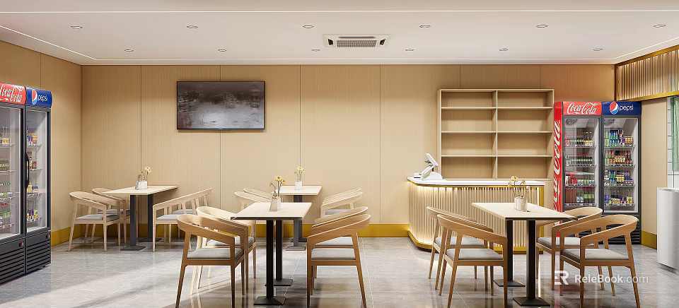 Simple Restaurant Interior With Wooden Walls Dining Tables Chairs Wall Painting And Shelves 3d model 